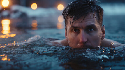 Man swimming in cold water in winter. 