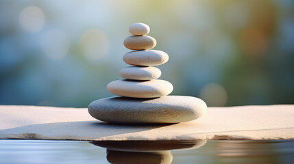 Obraz premium Smooth stones stacked in balance, tranquility and meditation. Zen background