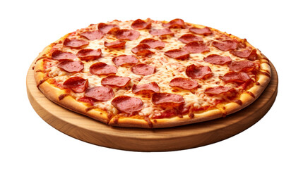  Captivating angle showcasing the scrumptious details of a Pepperoni Pizza, with a focus on the enticing combination of cheese, crust, and pepperoni on a white backdrop. 
