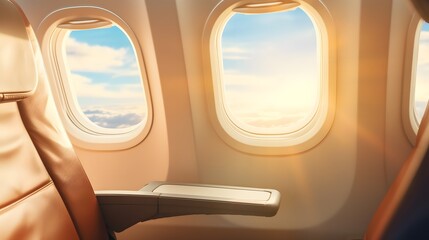 Plane window with white sunlight. Empty plastic airplane tray table at seat back. Economy class airplane window. Inside of commercial airline. Seat with armchair. Leather seat of economy class plane.
