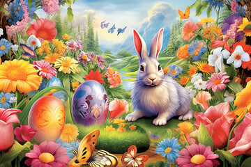  bunnies amidst a garden of flowers, adorned with decorated eggs