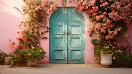 Fototapeta na wymiar A pink wall with a blue door and potted plants