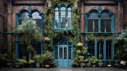 Fototapeta premium A building with a blue door and a bench in front of it