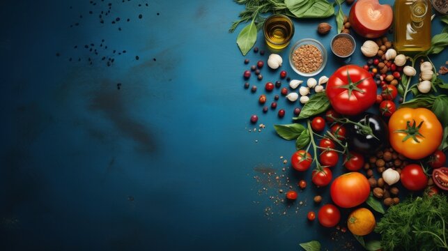 A variety of vegetables and spices on a blue surface