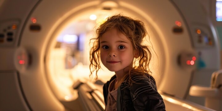 little girl in pajamas near the CT and MRI machine, looks towards the camera, banner