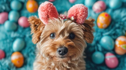 A small brown dog wearing bunny ears on a blue blanket