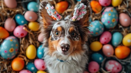 Fototapeta na wymiar A dog wearing bunny ears surrounded by easter eggs