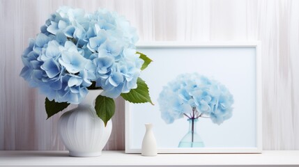 A white vase with blue flowers in front of a picture