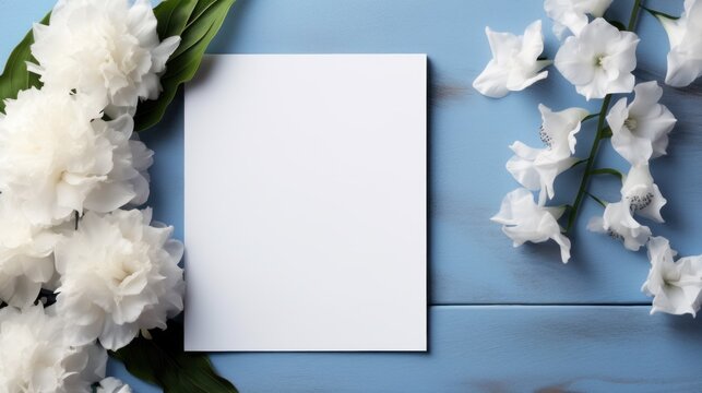 Fototapeta A white card surrounded by white flowers on a blue table
