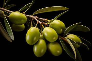 branch of green olives on a black background