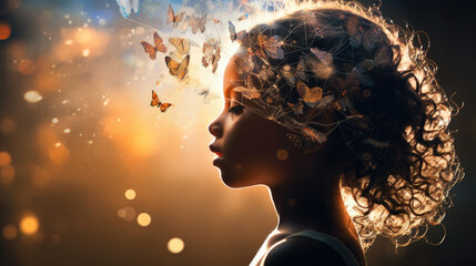 Little girl profile with butterflies flying from head, concept of dreams