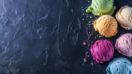 colorful ice cream scoops on dark marble background