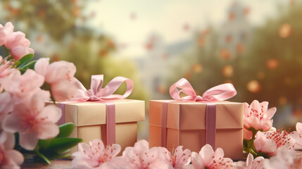Present boxes spring background, copy space. Gifts for March 8th, Mothers day