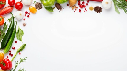 Vibrant Organic Vegetable Frame: Top View of Fresh, Healthy Ingredients on White Background - Ideal for Nutrition, Cooking, and Farm-to-Table Concepts.