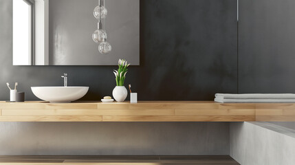 Fototapeta na wymiar modern bathroom in gray tones and wooden furniture