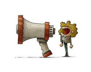 corporate illustration of an angry woman shouting very loudly through a very large megaphone. - 709886041