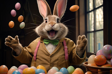 wacky and playful Easter bunny  juggling eggs, wearing quirky accessories