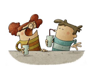 Children's illustration of a boy and a girl drinking a juice while talking. - 709886054