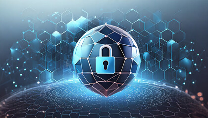 Cyber security. Information protect and or safe concept. Abstract 3D sphere or globe with surface of hexagons with Lock icon