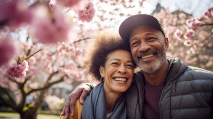 Joyful middle age couple surrounded by pink spring blossoms sharing a moment