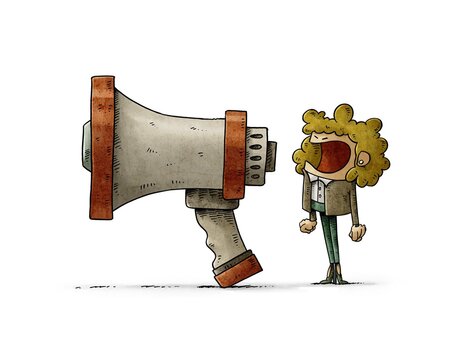 corporate illustration of an angry woman shouting very loudly through a very large megaphone.