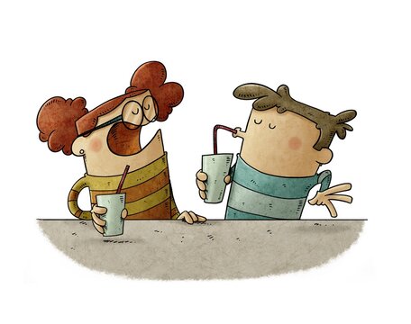 Children's illustration of a boy and a girl drinking a juice while talking.