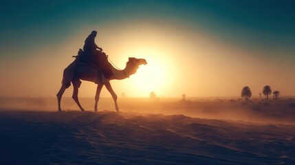 Camel and Rider. Indian camel rider pauses in the setting sun in Jaisalmer, Rajasthan - obrazy, fototapety, plakaty