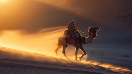 Fotobehang Camel and Rider. Indian camel rider pauses in the setting sun in Jaisalmer, Rajasthan © sirisakboakaew