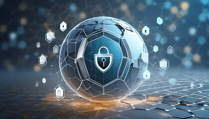 Cyber security. Information protect and or safe concept. Abstract 3D sphere or globe with surface of hexagons with Lock icon