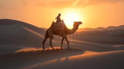 Gordijnen Camel and Rider. Indian camel rider pauses in the setting sun in Jaisalmer, Rajasthan © sirisakboakaew