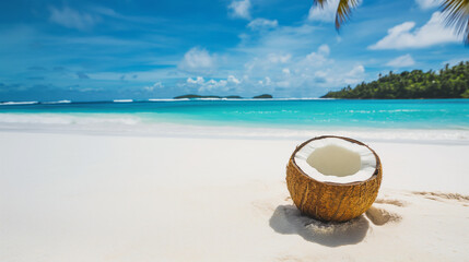 Fototapeta na wymiar open coconut on snow-white sand on a tropical beach