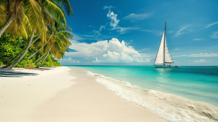 sailboat on the shore of a tropical beach with white sand and turquoise water