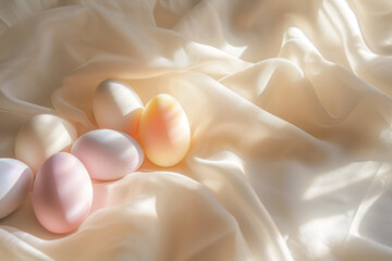 Pastel easter eggs in a white  piece of cloth, beautiful sunlight  - obrazy, fototapety, plakaty