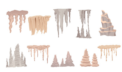 Set of cave stone mineral stalactite and stalagmites column natural growth geology formations vector illustration isolated on white background