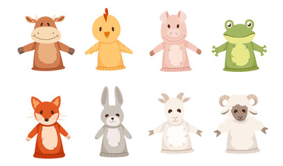 Set of animal doll puppet for children theater cute soft hand toy vector illustration isolated on white background