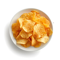 Potato chips on white bowl, top view, isolated on white background