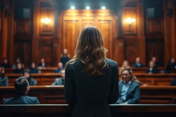 Court of Justice and Law Trial: A female prosecutor successfully presents her case and gives an enthusiastic speech to the judge and jury. - obrazy, fototapety, plakaty