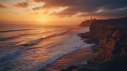 Fototapeta na wymiar Sunset landscape of a coastal cliff with waves crashing and a lighthouse in the distance.
