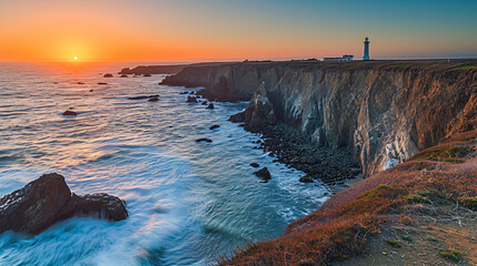 Sunset landscape of a coastal cliff with waves crashing and a lighthouse in the distance.