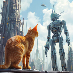 An orange cat standing on four paws and a robot android, in a city of the future. 