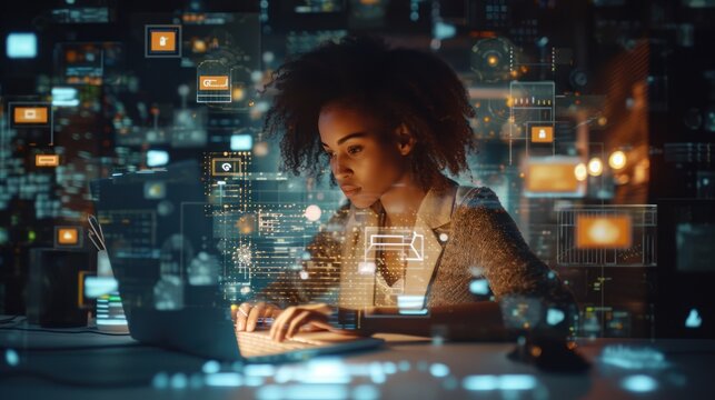 A beautiful short-haired project manager working on a computer in the office Augmented Reality social media icons appear on employees' laptops.