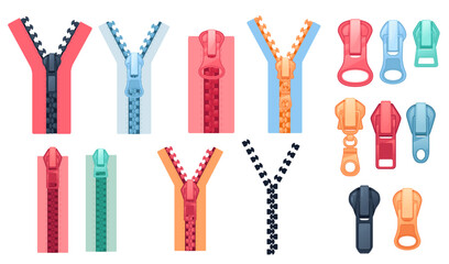Set of fastener puller and zippers clothing textile accessories vector illustration isolated on white background © Alfmaler