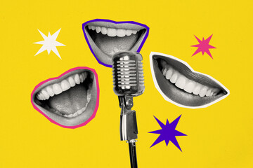 Collage picture of black white colors girls mouth beaming smile sing microphone stars isolated on...