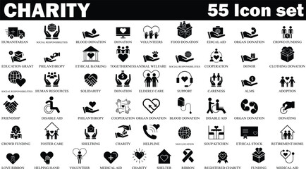 charity and donation black & White icon set. Set of 55 Volunteering and charity web icons in fill style. High quality business icon set of Charity