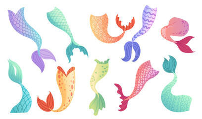 Set of mermaid tail for costume or cosplay with different colors vector illustration isolated on white background - obrazy, fototapety, plakaty