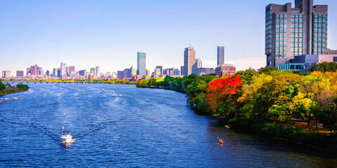 Vibrant Boston City Skyline Panorama with Skyscrapers, Curving Blue Charles River, Colorful Autumn...