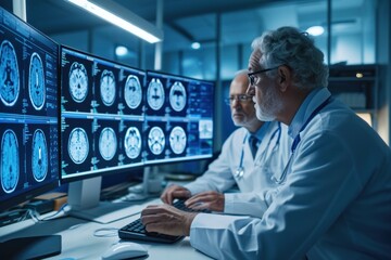 A doctor's hospital: Neurologists and neurosurgeons talk, use computers, analyze patients with MRI scans, etc.