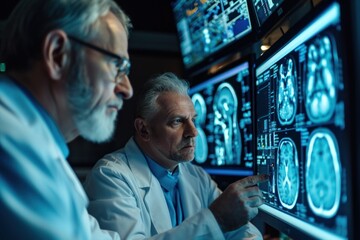 Medical Hospital: Neurologist and Neurosurgeon Talk, Use Computer, Analyse Patient MRI Scan, - obrazy, fototapety, plakaty
