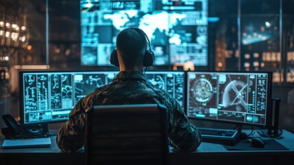 Military watchdogs are working on a city monitoring operation at the Central Office for Cyber Control. - obrazy, fototapety, plakaty
