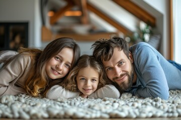 Obraz premium Mother, father, and children girls in the room with a symbol of the roof. A concept for housing young families.